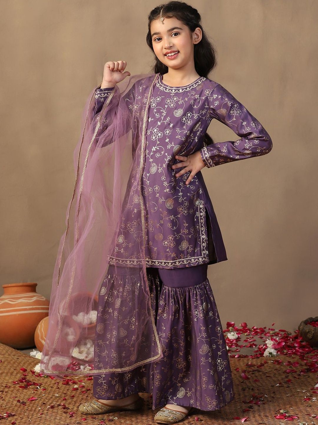 Sangria Girls Foil Printed Kurta And Sharara With Dupatta Set
