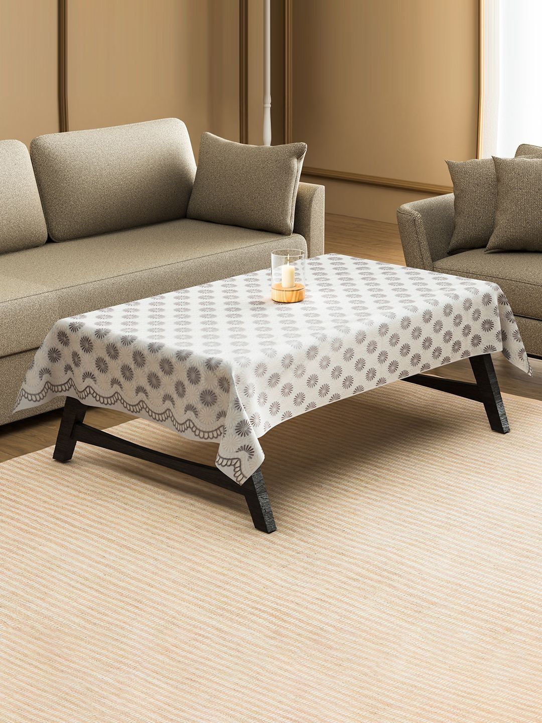 Aura White & Grey Floral Printed 4-Seater Rectangle Table Cover-image-47