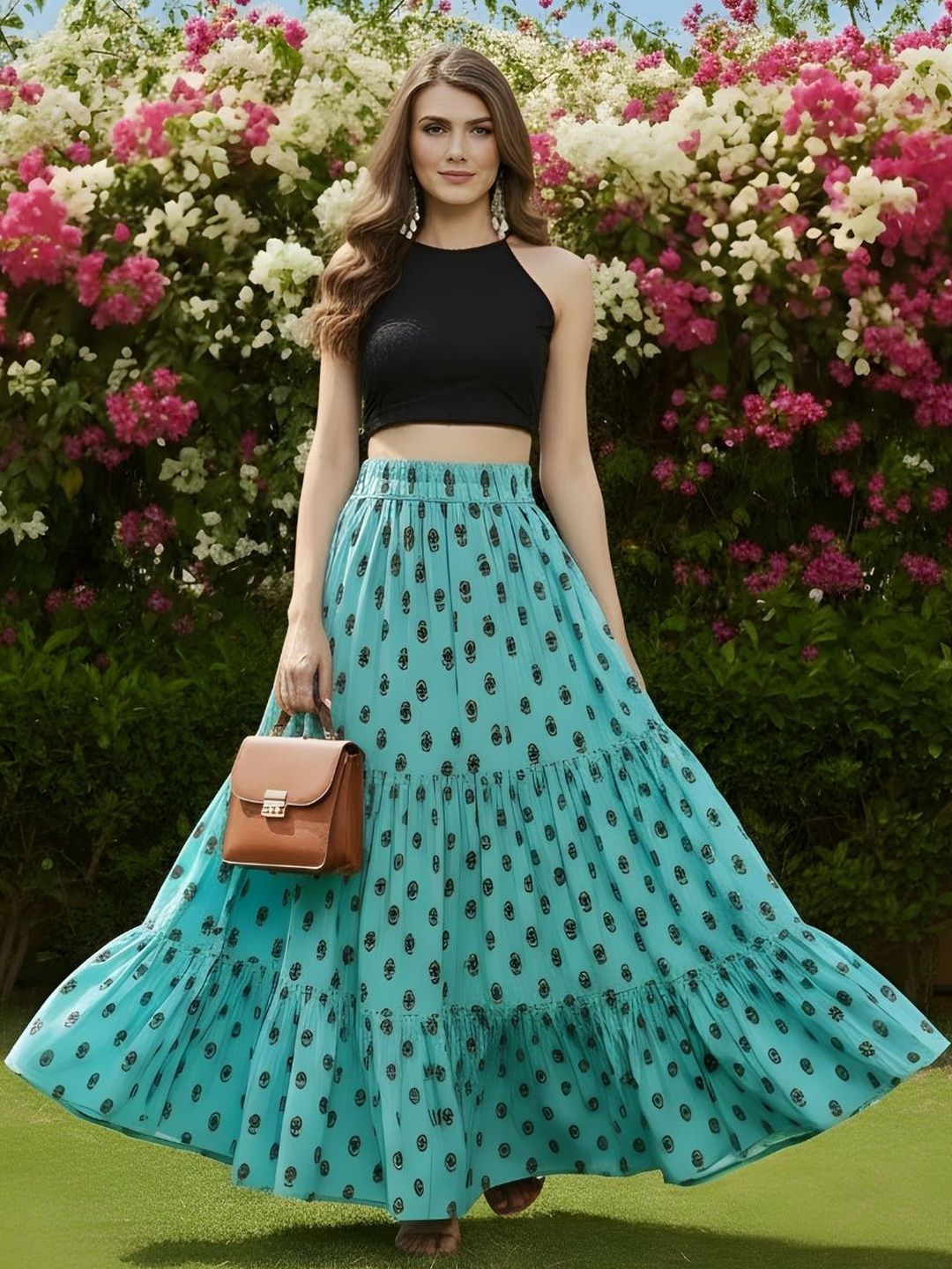 Sera Women Abstract Printed Pleated Detail Pure Cotton Flared Maxi Skirt-image-42