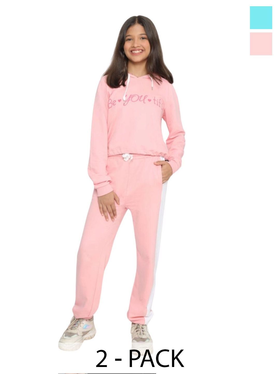 TotzTouch Girls Pack Of 2 Blue & Pink Printed Hooded Sweatshirt and Joggers Clothing Set-picture-16