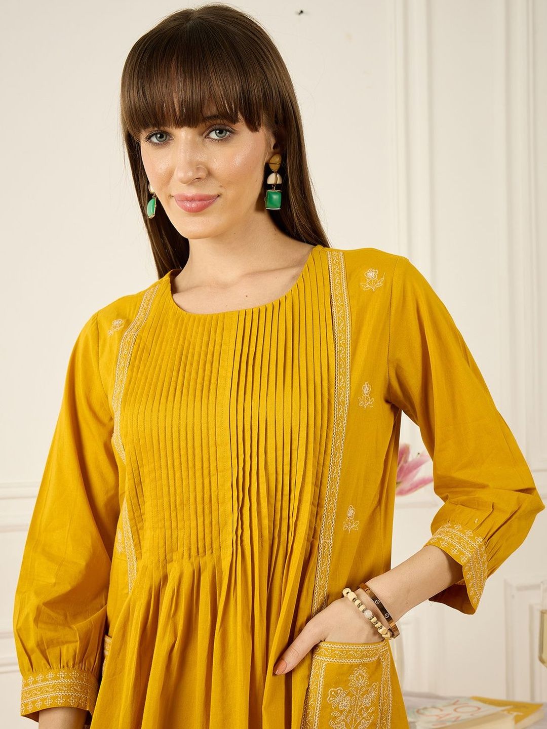 Indo Era Embroidered Round Neck Thread Work Pure Cotton Kurta With Trousers-picture-48