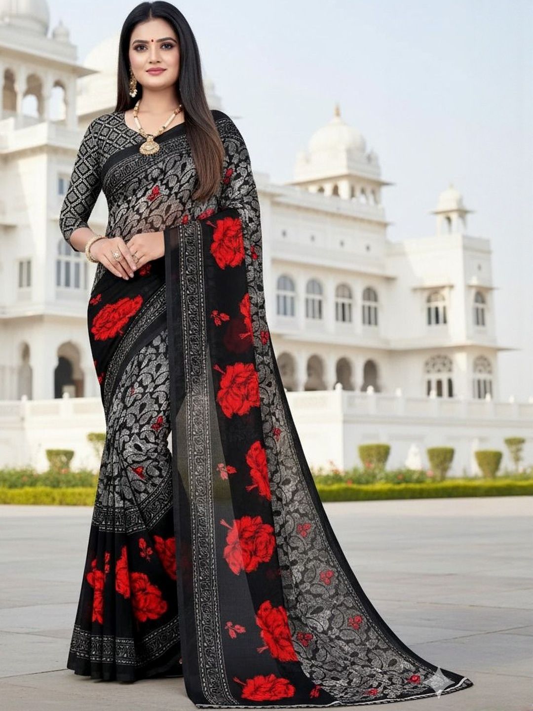 Moda Rapido Floral Printed Pure Georgette Saree With An Unstitched Blouse Piece-picture-55
