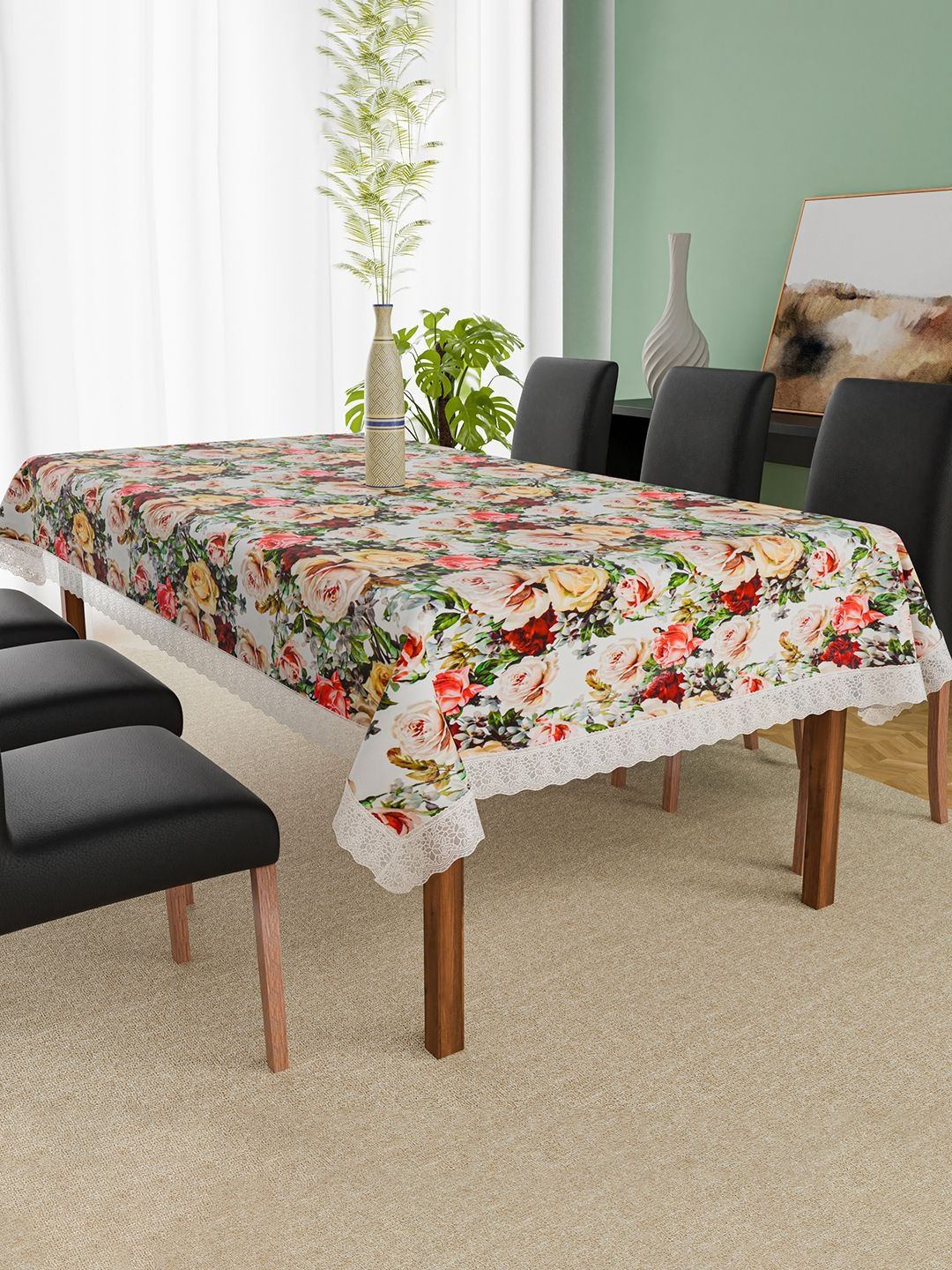 Aura White & Green Floral Printed 6-Seater Rectangle Table Cover-picture-31