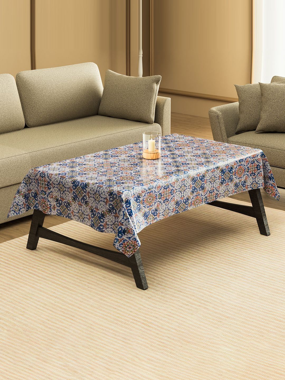 Aura Blue & White Floral Printed 4-Seater Rectangle Table Cover-image-46