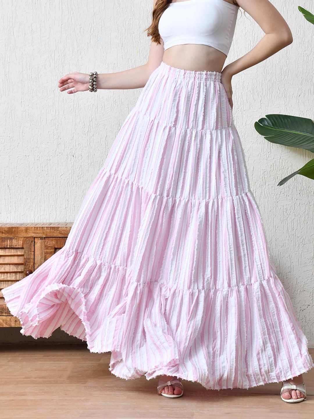 YANAMORA Women Striped Gathered or Pleated Tiered Flared Maxi Skirts-picture-56