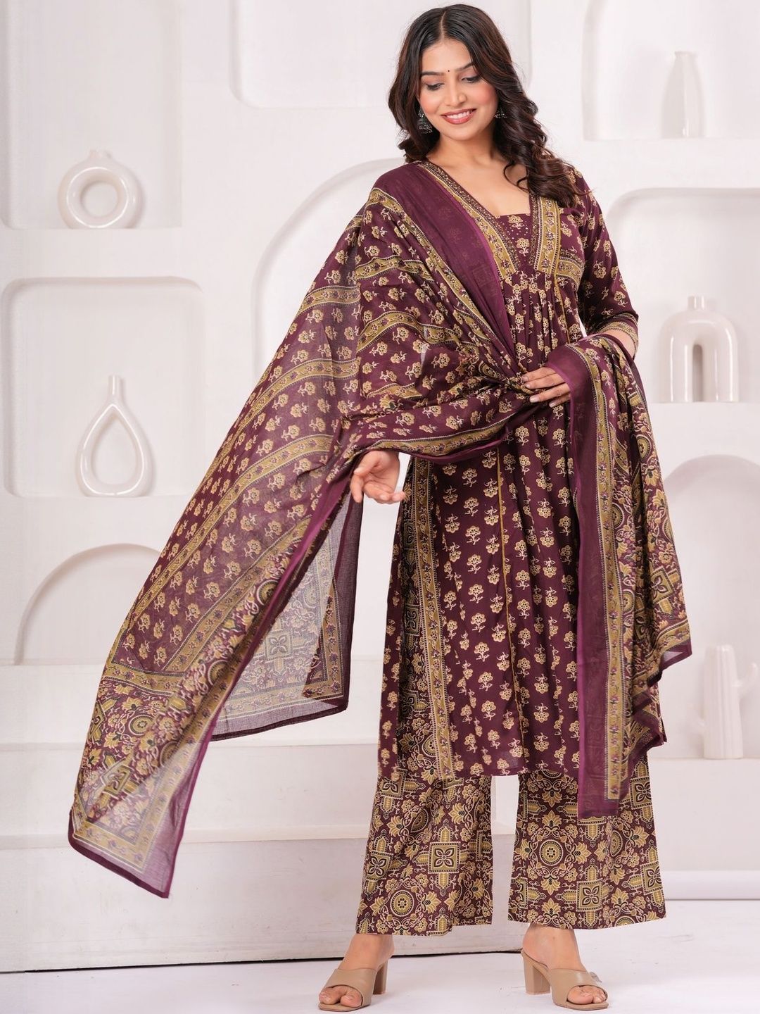 EtnicaWear Printed Square Neck Empire Pure Cotton A-Line Kurta With Palazzos & Dupatta-picture-28
