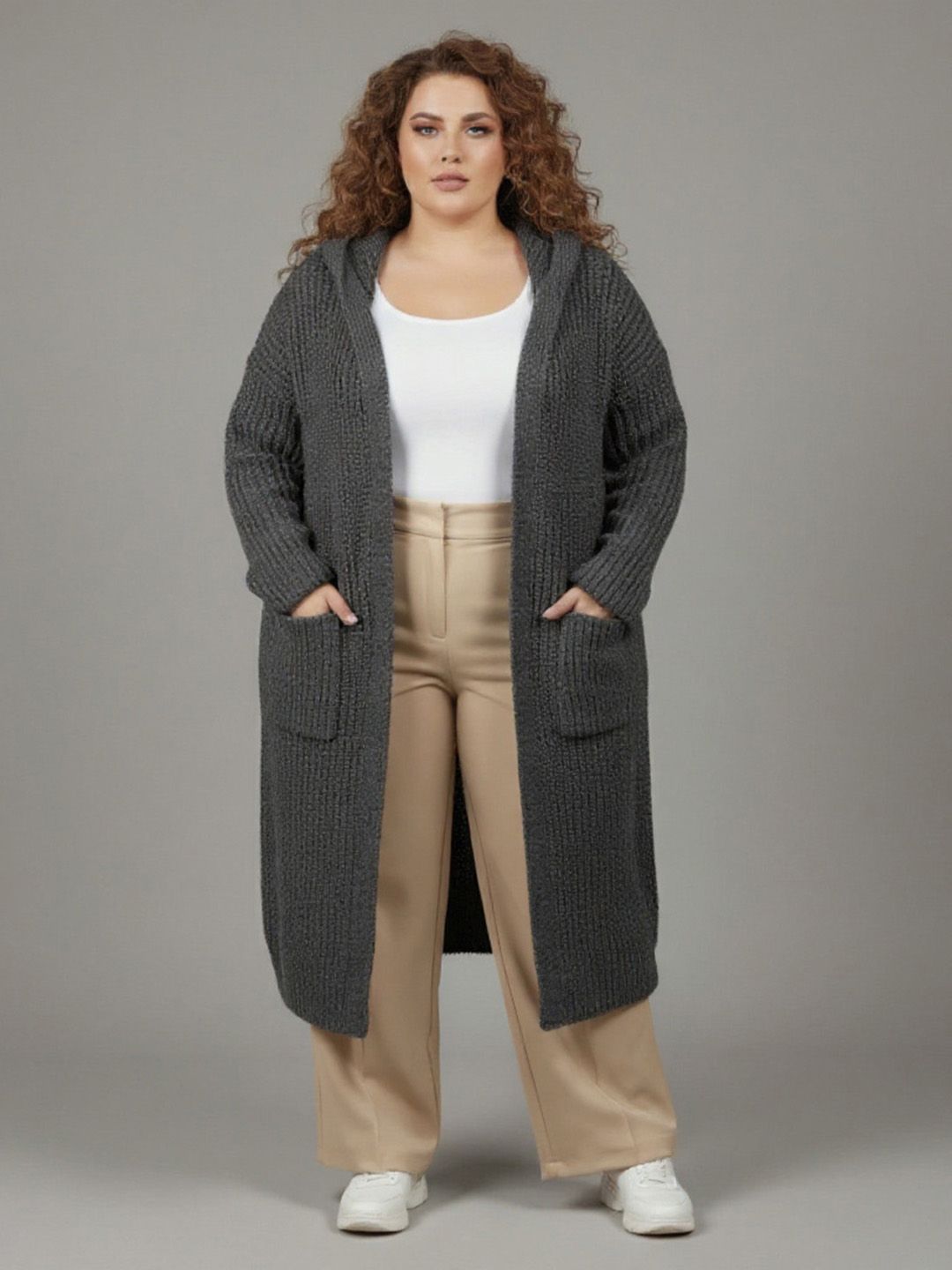 Sztori Plus size Shawl Collar Acrylic Longline Open Front cardigan-picture-13