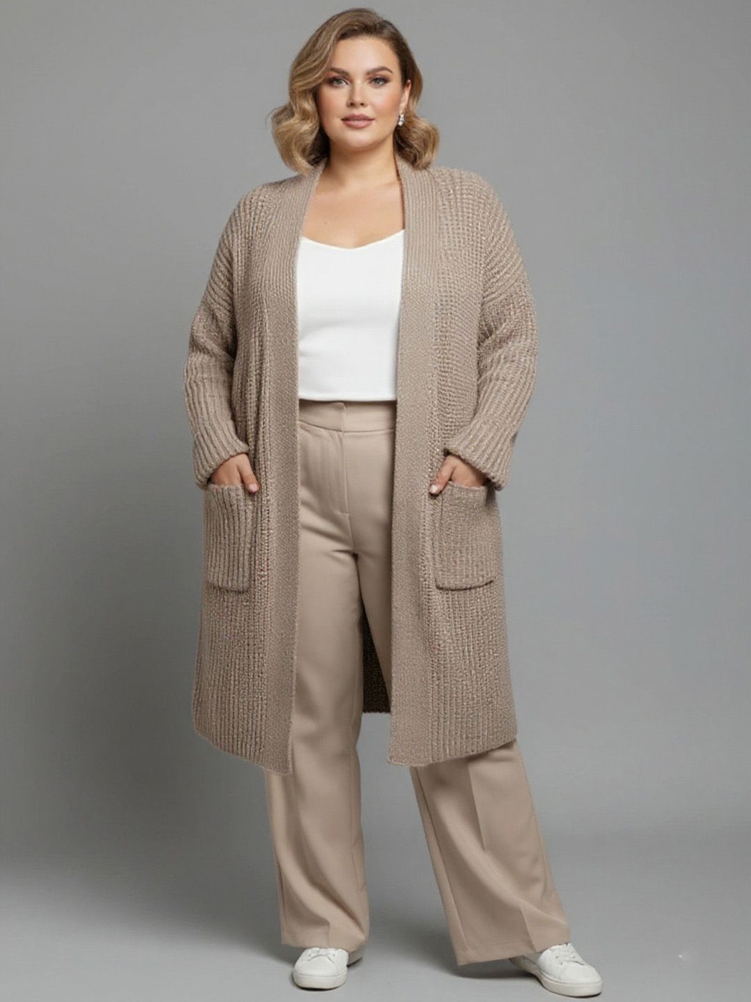 Sztori Plus Size Shawl Collar Acrylic Longline Open Front Cardigan-picture-24