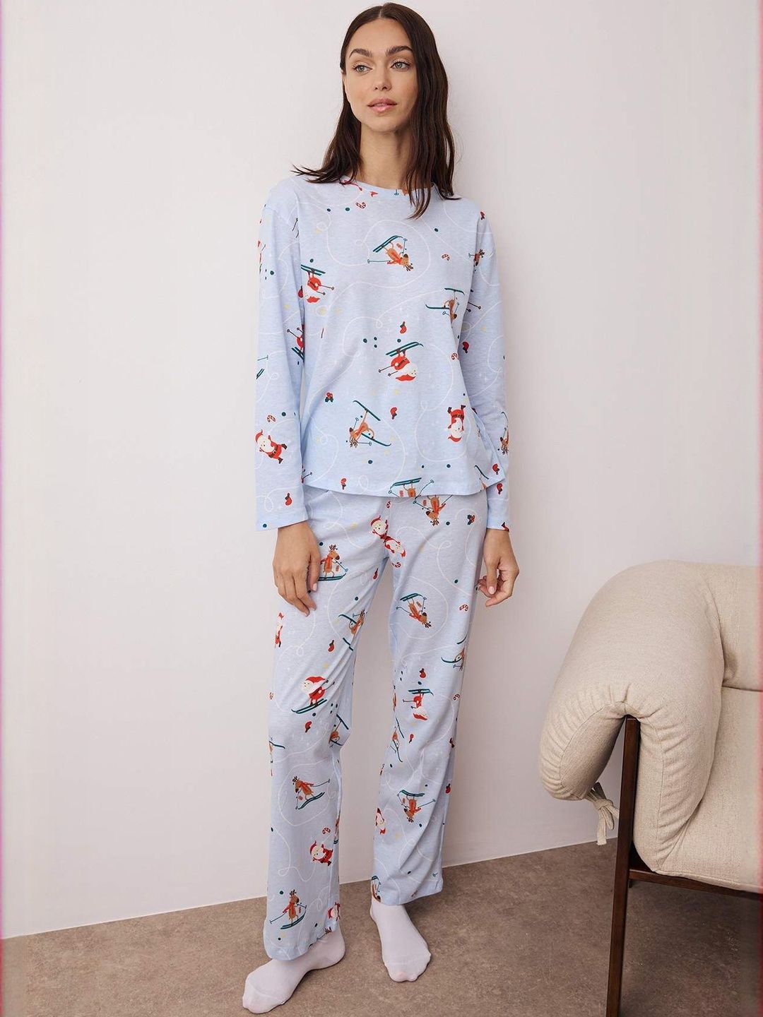 Trendyol Women Printed Pure Cotton T-shirt & Pyjamas Nightsuit-picture-41