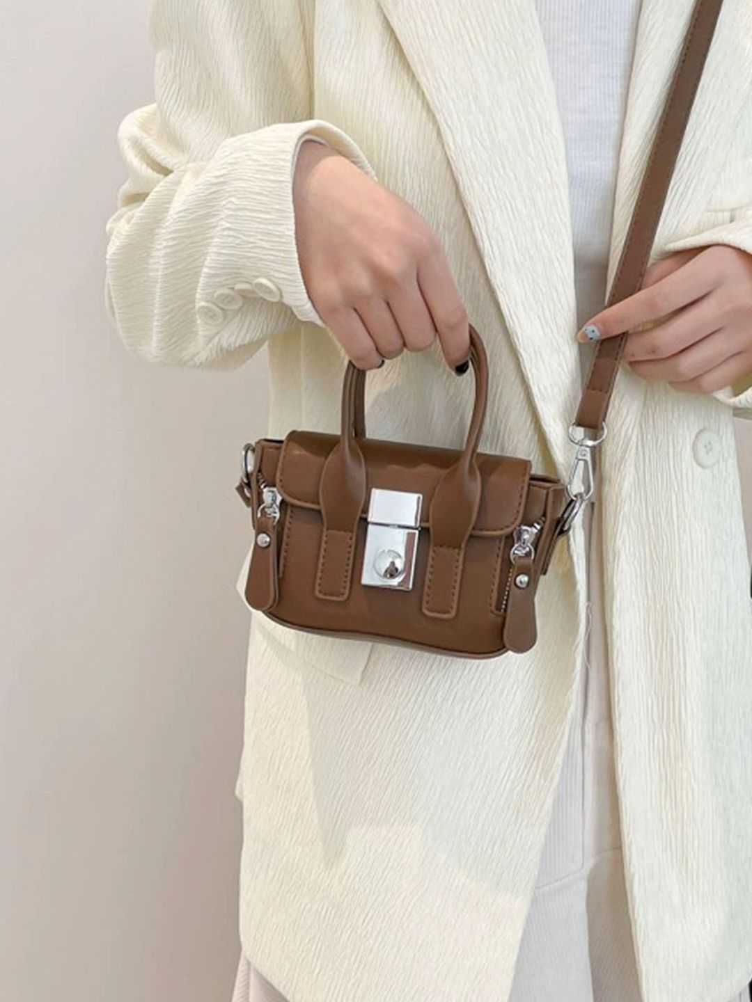 LULU & SKY Women Solid Structured Buckle Detail Satchel Bag-image-21