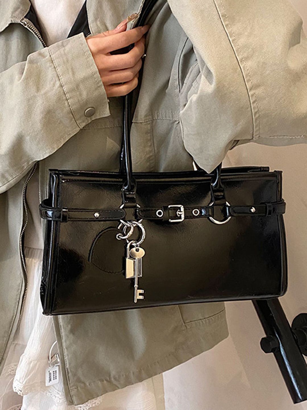 LULU & SKY Women Solid Structured Buckle Detail Shoulder Bag-image-18