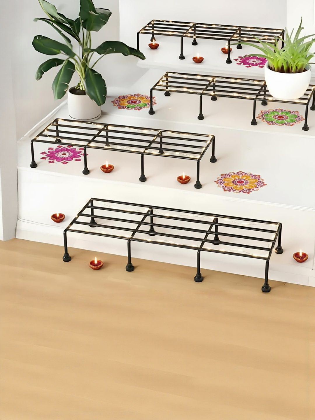 INDUS GLOBAL IMPEX 4 Pieces Black Metal Rectangle Plant Stand