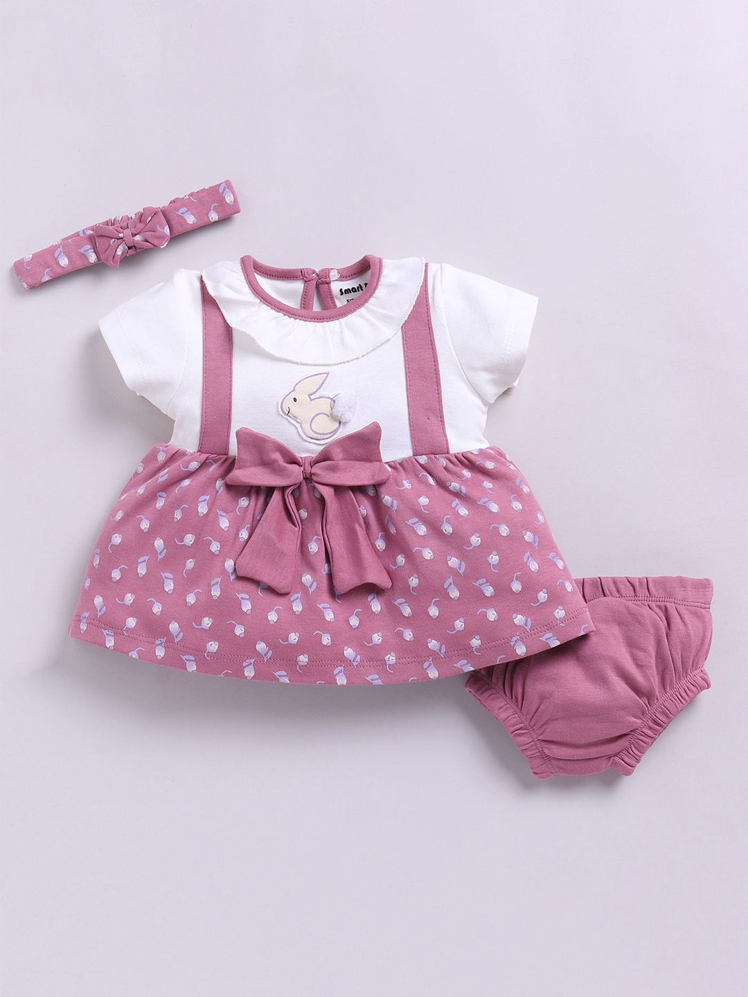 Smart Baby Girls Conversational Printed Round Neck Bow Fit and Flare Knee Length Dress