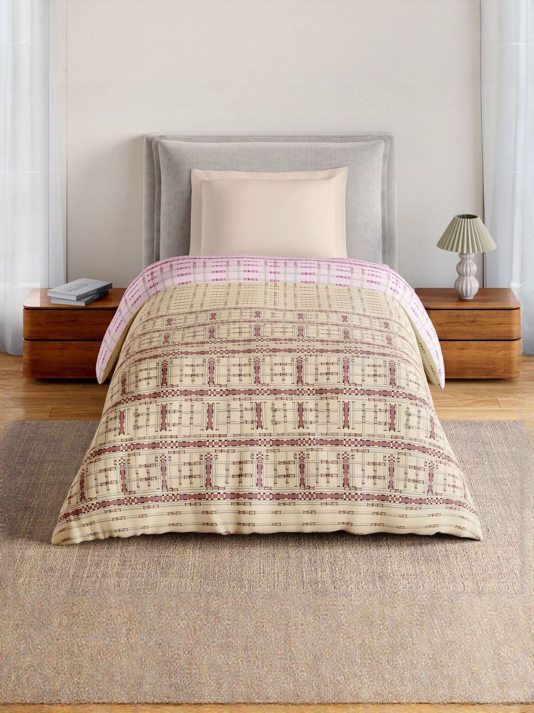SPACES Beige & Purple Geometric Printed Cotton Breathable 150 GSM AC Room Quilt-image-45