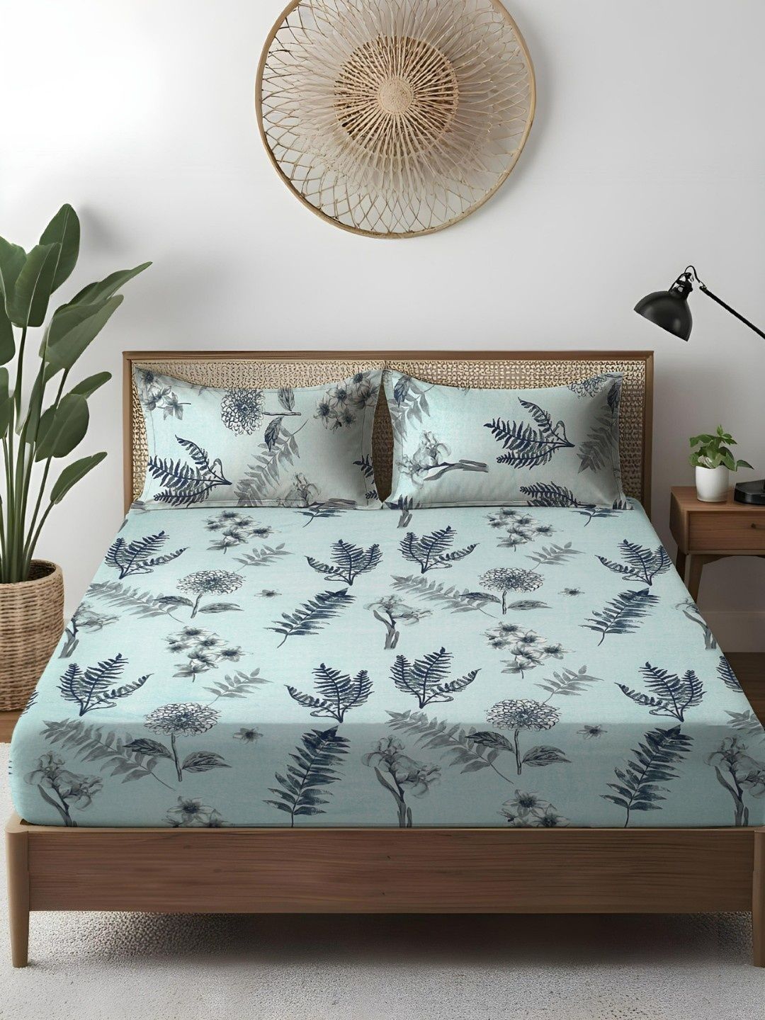 WEAVE AND DECOR Green & Black Floral 300 TC Bedsheet with 2 Pillow Covers-image-49