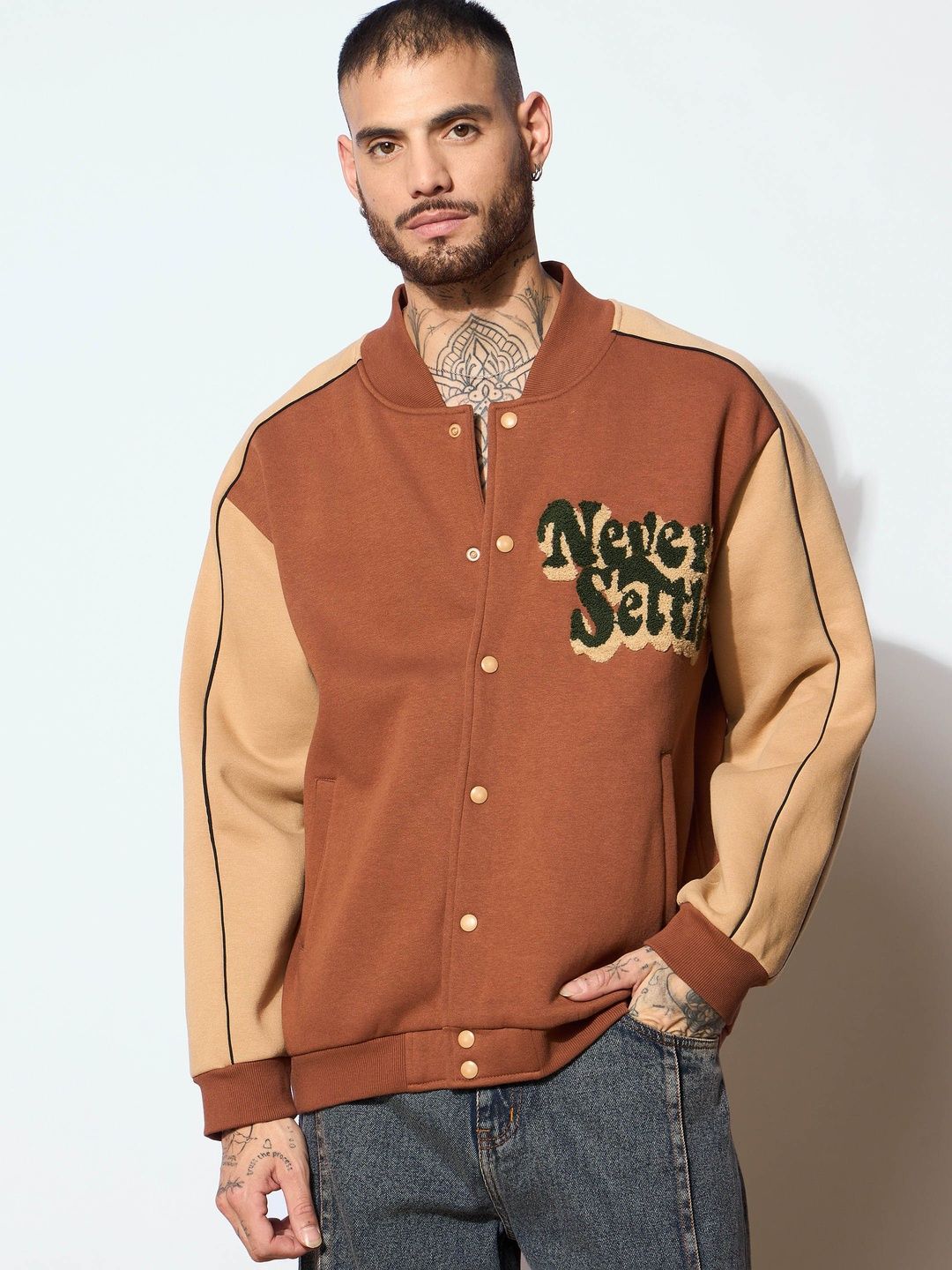 MASCLN SASSAFRAS Men Typography Fleece Varsity Jacket with Embroidered-picture-38