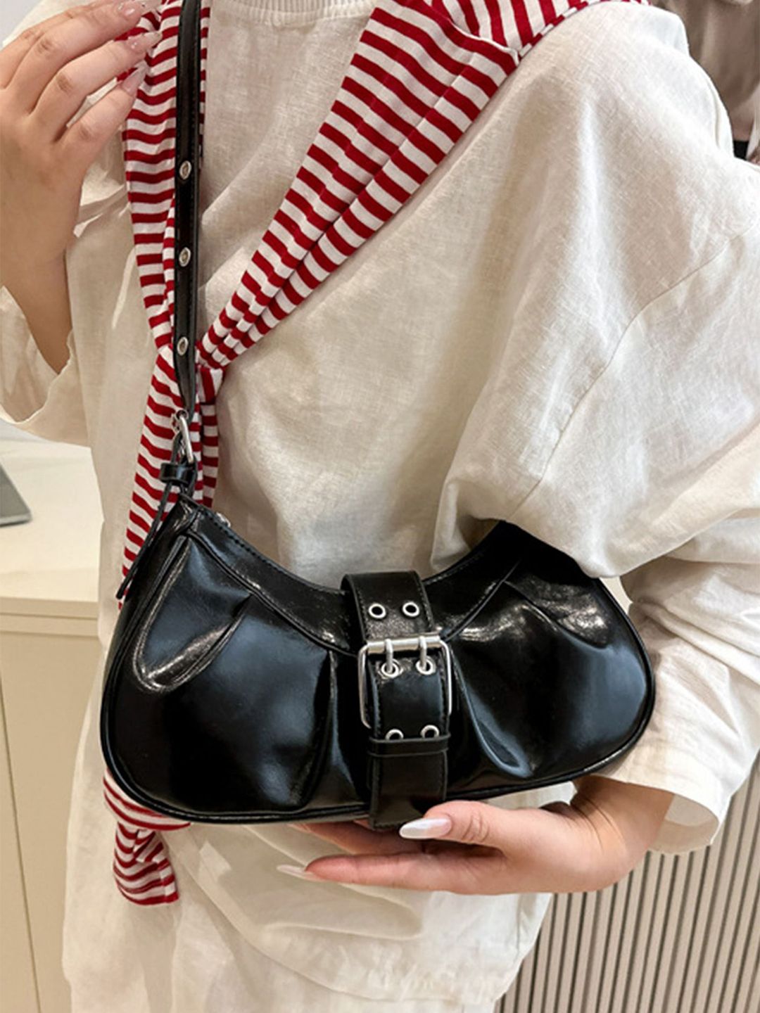 LULU & SKY Women Solid Structured Buckle Detail Shoulder Bag-image-21