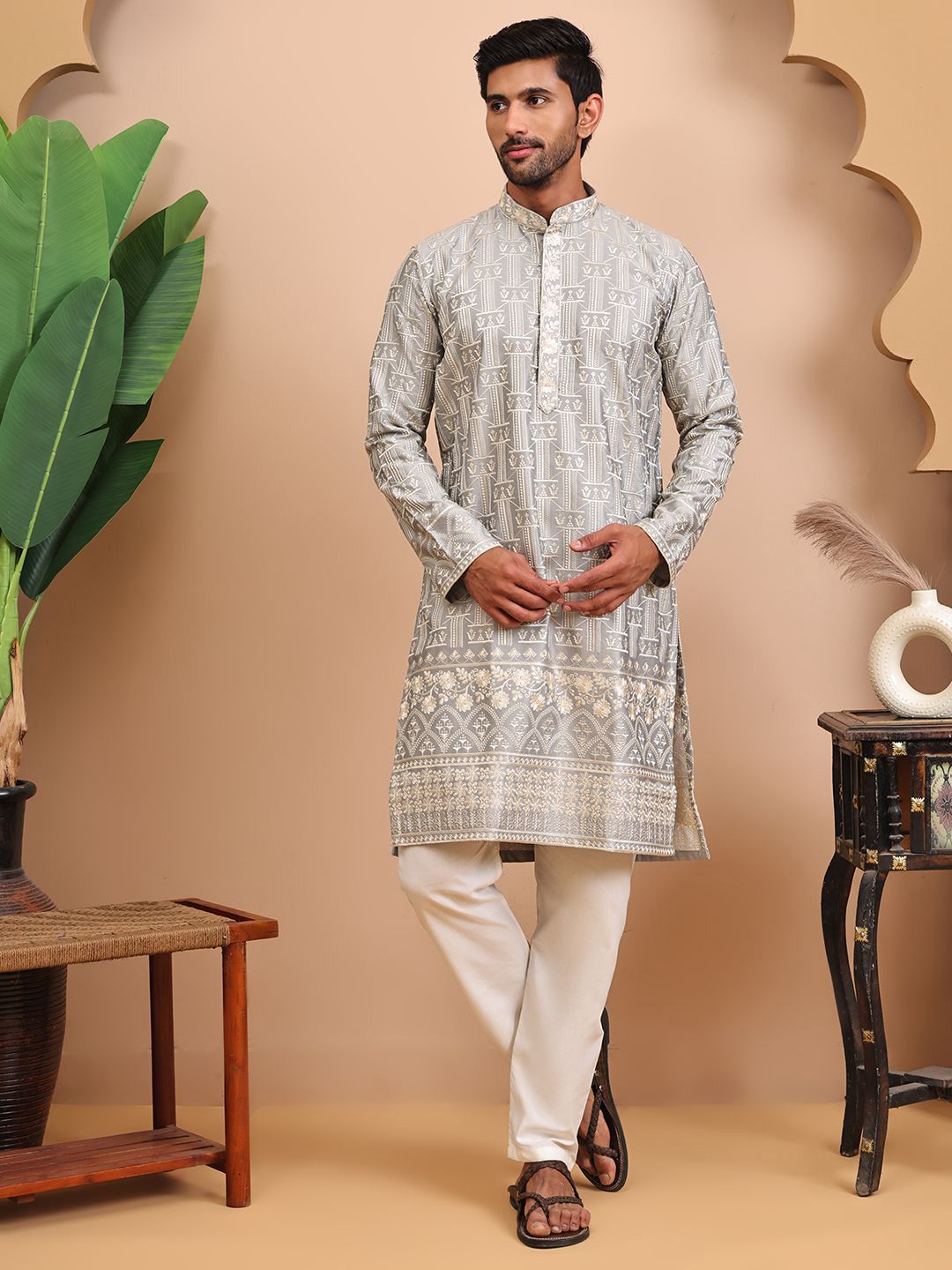 RANGKALP Men Geometric Embroidered Thread Work Kurta-picture-28