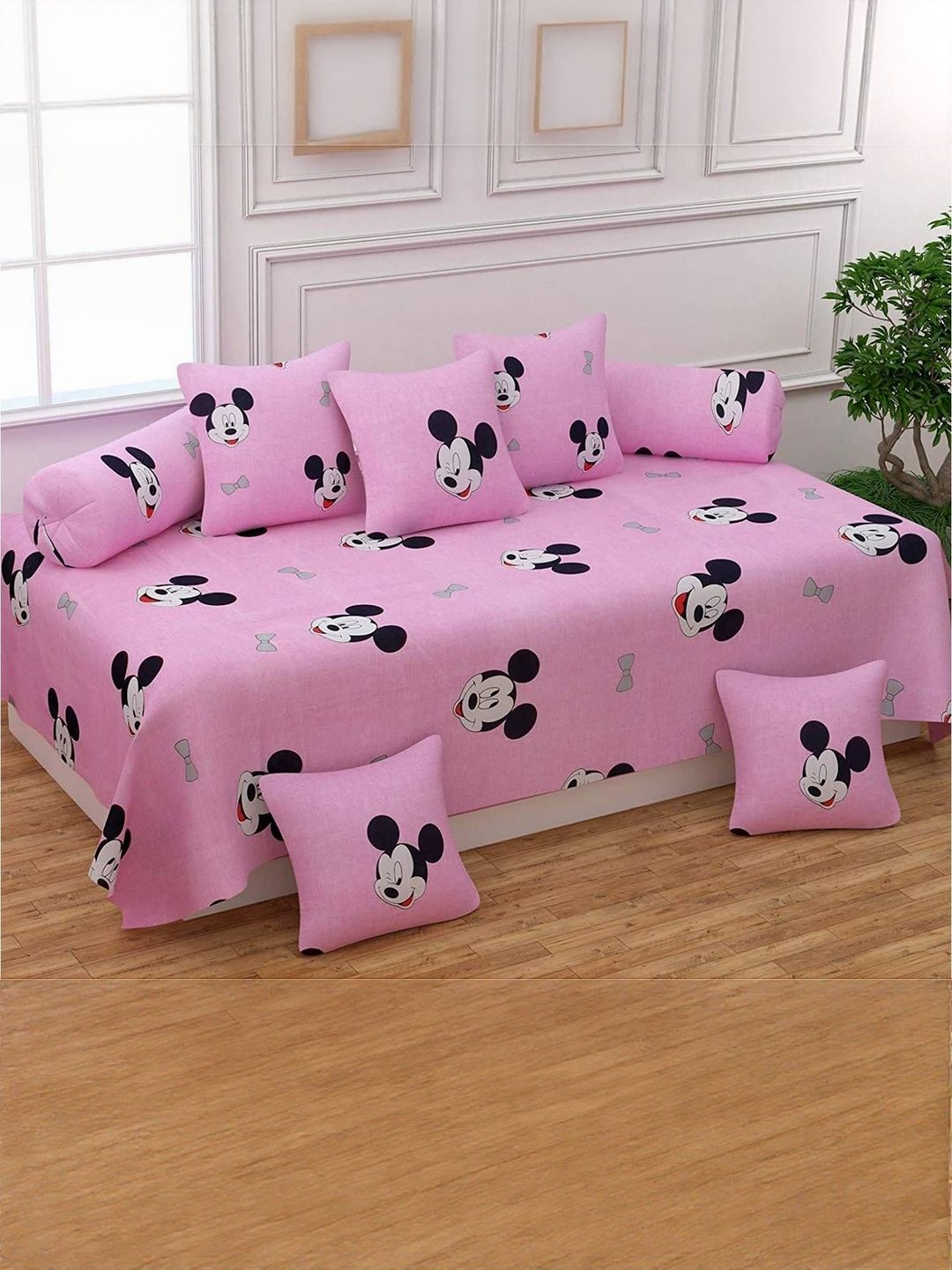 Filymore Kids Set Of 8 Pink & Black Mickey Mouse Printed Diwan Set-image-23