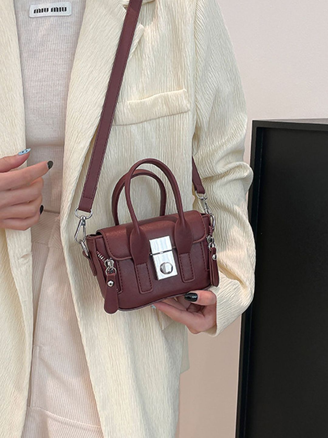 LULU & SKY Women Solid Structured Buckle Detail Satchel Bag-image-31