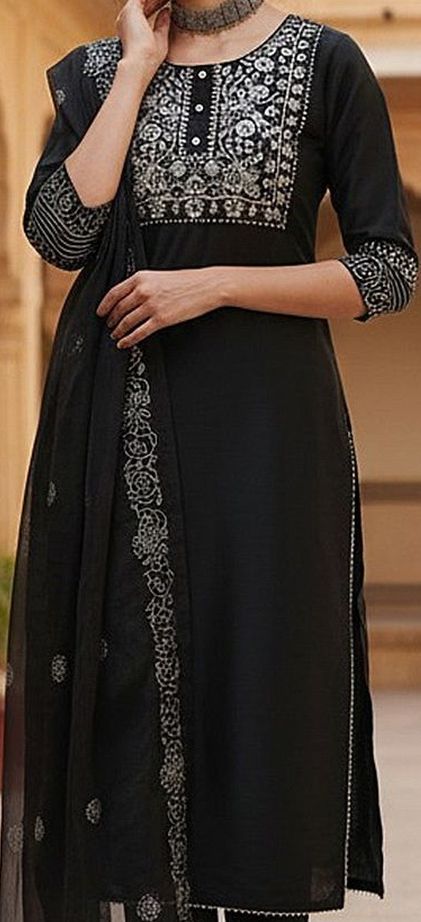 Buy KALINI Floral Yoke Design Stright Thread Work Kurta With Trousers ...