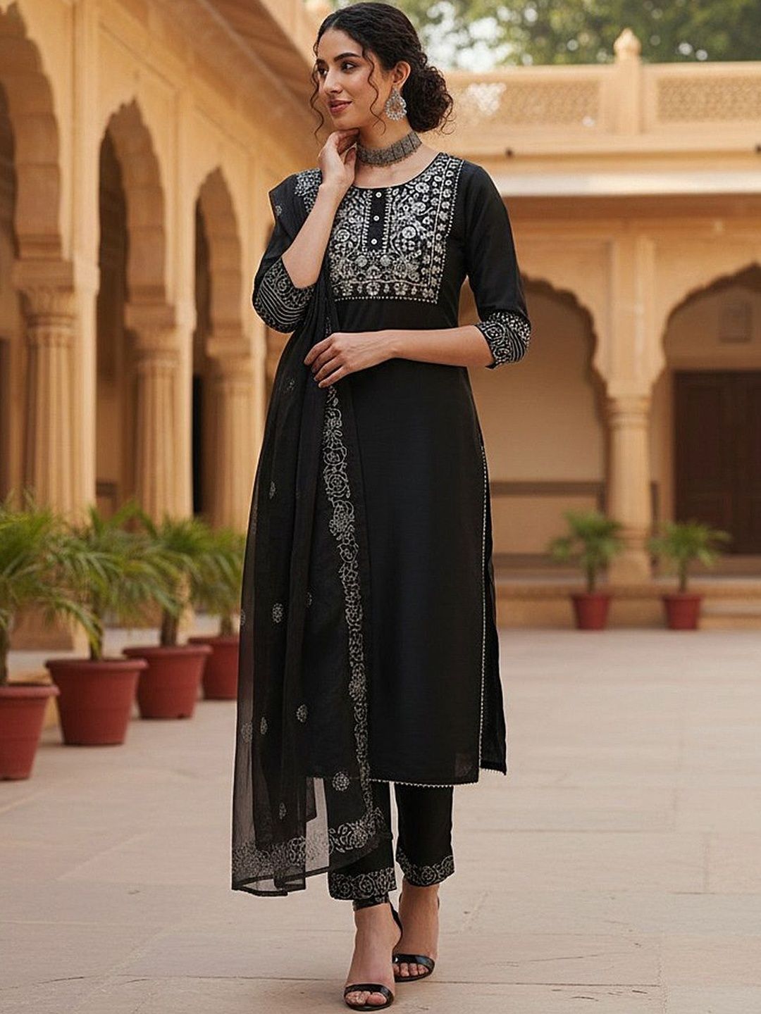 Stright Thread Buy KALINI Floral Yoke Design Stright Thread Work Kurta With Trousers ...