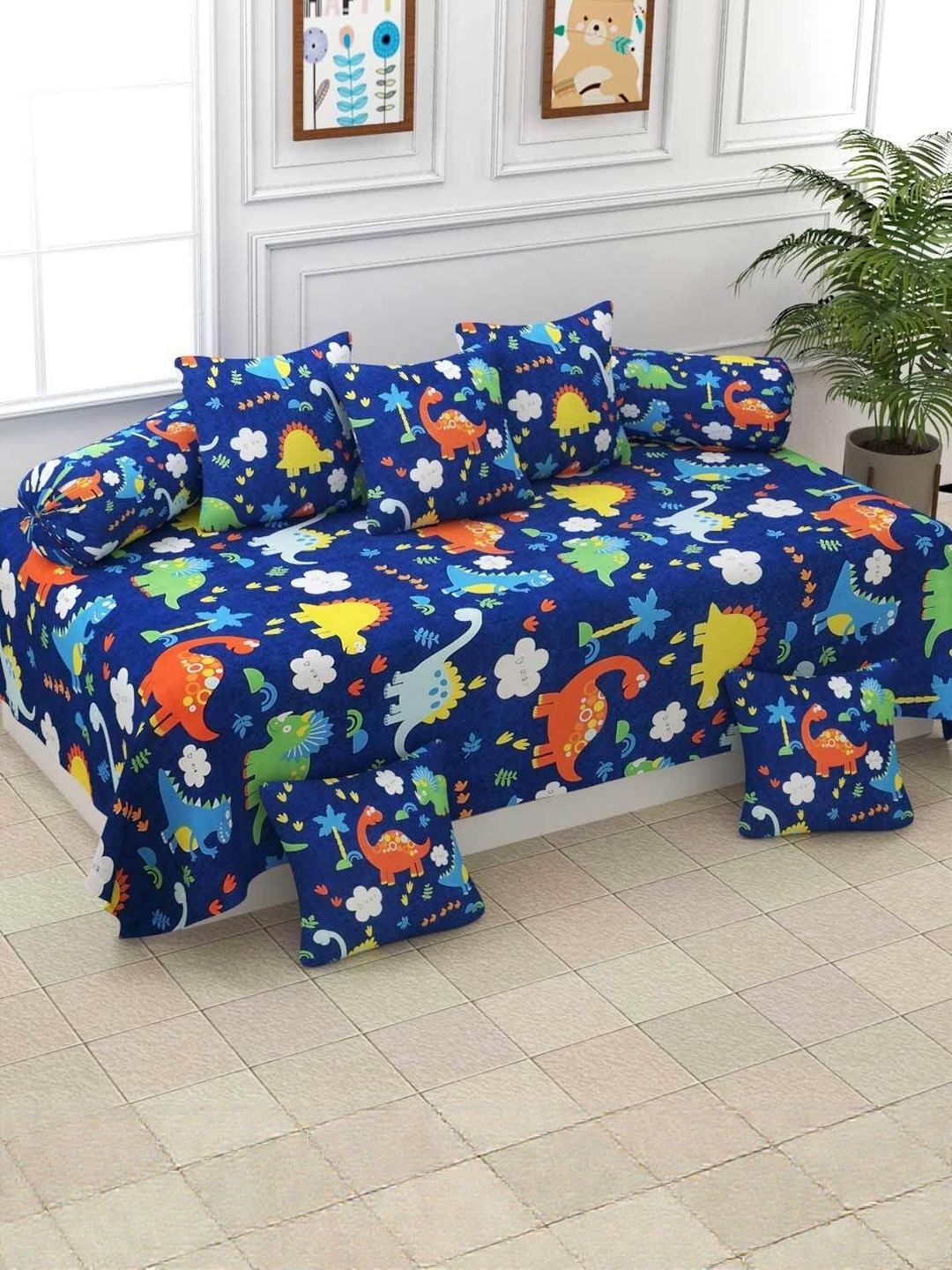 Filymore Kids Set Of 8 Blue & Yellow Cartoon Characters Printed Diwan Set-image-27
