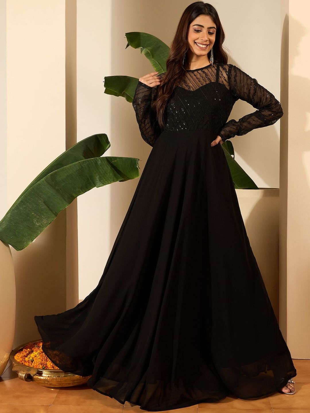 Inddus Inddus Sequinned Embroidered  Georgette Fit & Flare Maxi Ethnic Dress