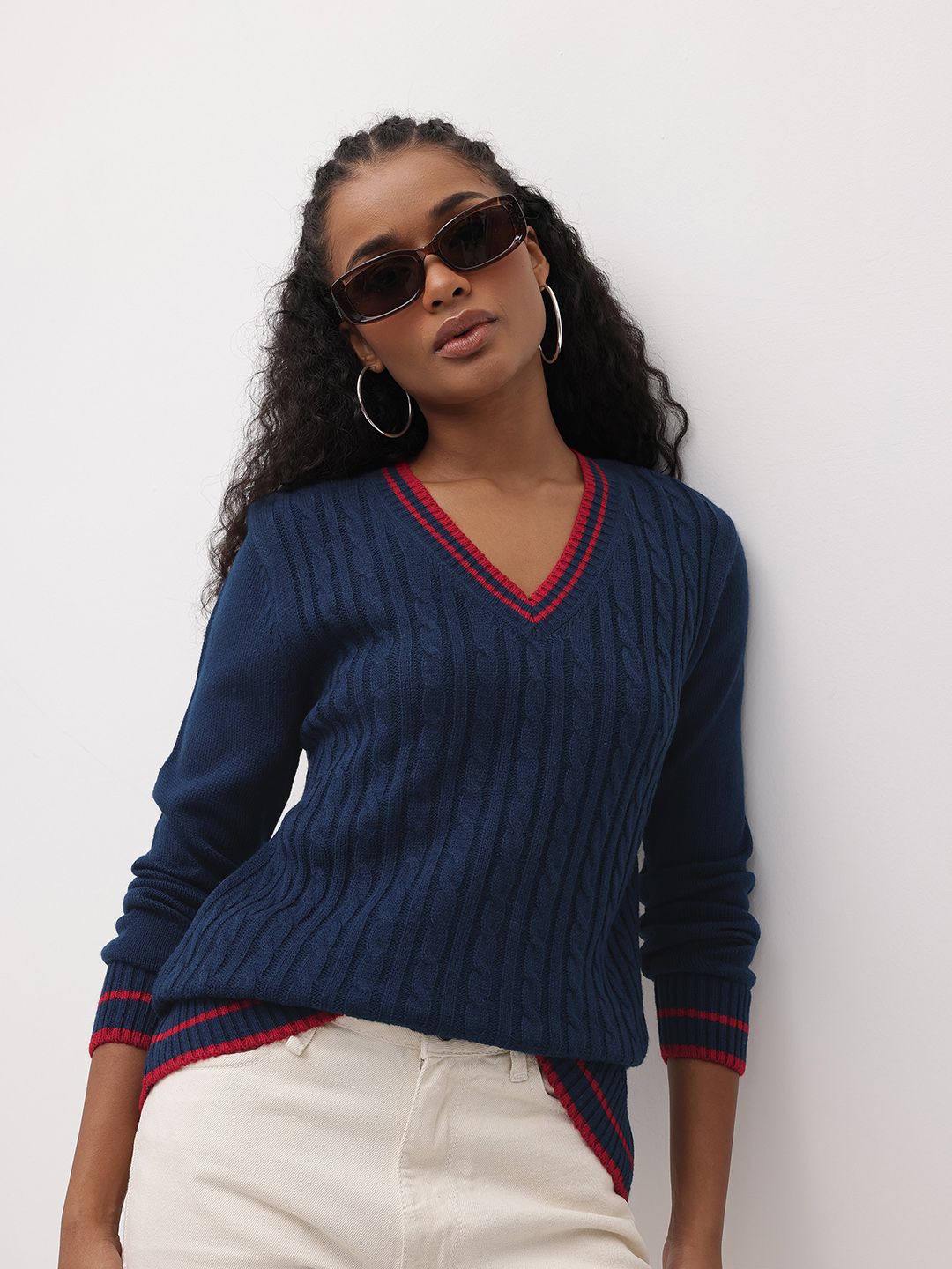 The Roadster Life Co. Contrast Striped Pure Acrylic Cable Knit Pullover-picture-28