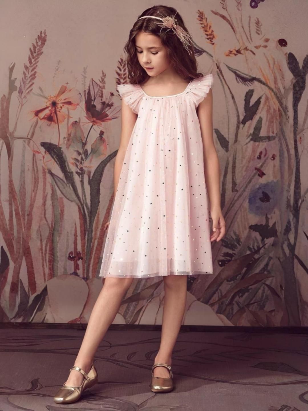 YK Girls Self Design Stars Embellished Cotton A-Line Dress-picture-14