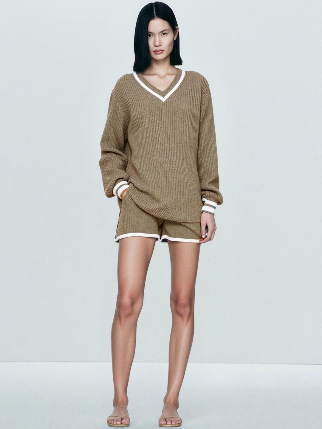 Mast & Harbour Self-Design V-Neck Sweater With Shorts Co-Ords-picture-26
