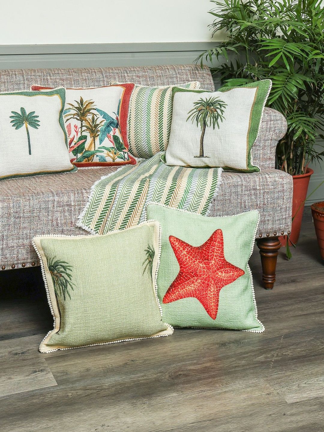 Sangria Palm Stories White Printed Cotton 7-Pieces Square Cushion Covers-picture-29