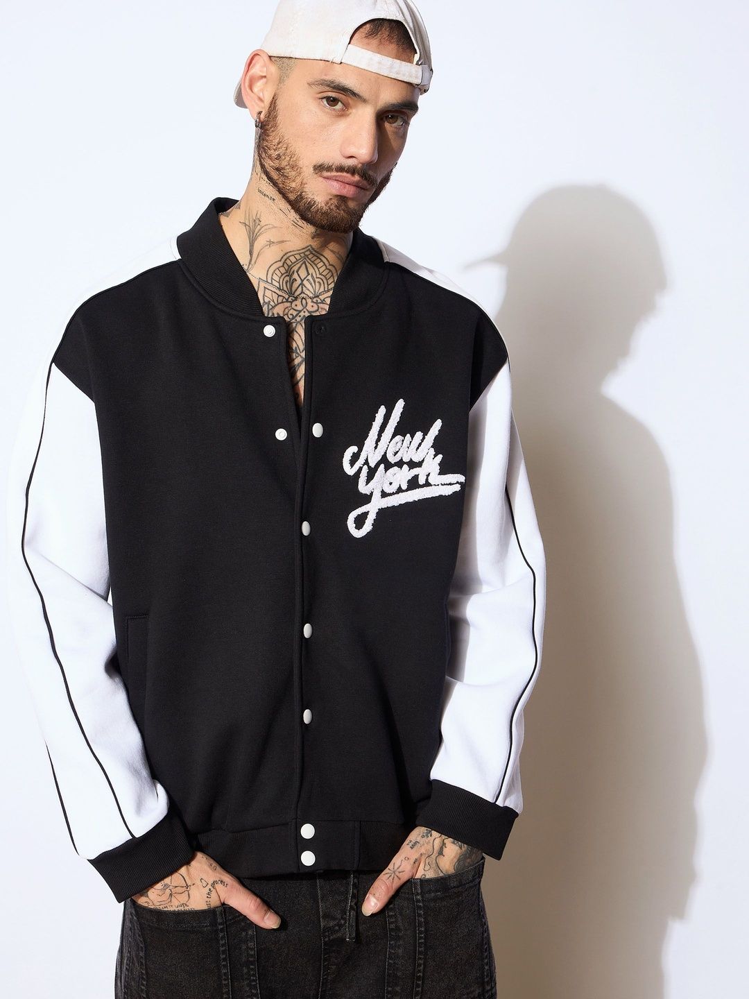 MASCLN SASSAFRAS Men Typography Fleece Varsity Jacket with Embroidered-picture-20