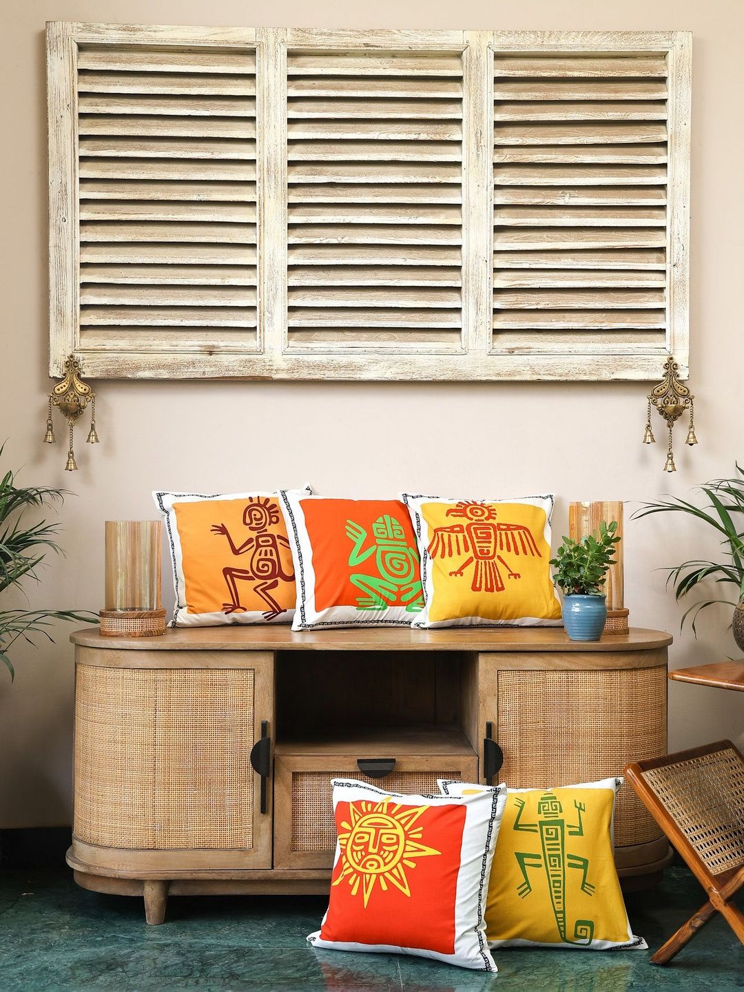 Sangria Yellow & Orange Color Aztec Echoes Cotton 5-Ps Square Cushion Covers-16 In x 16 In-image-3