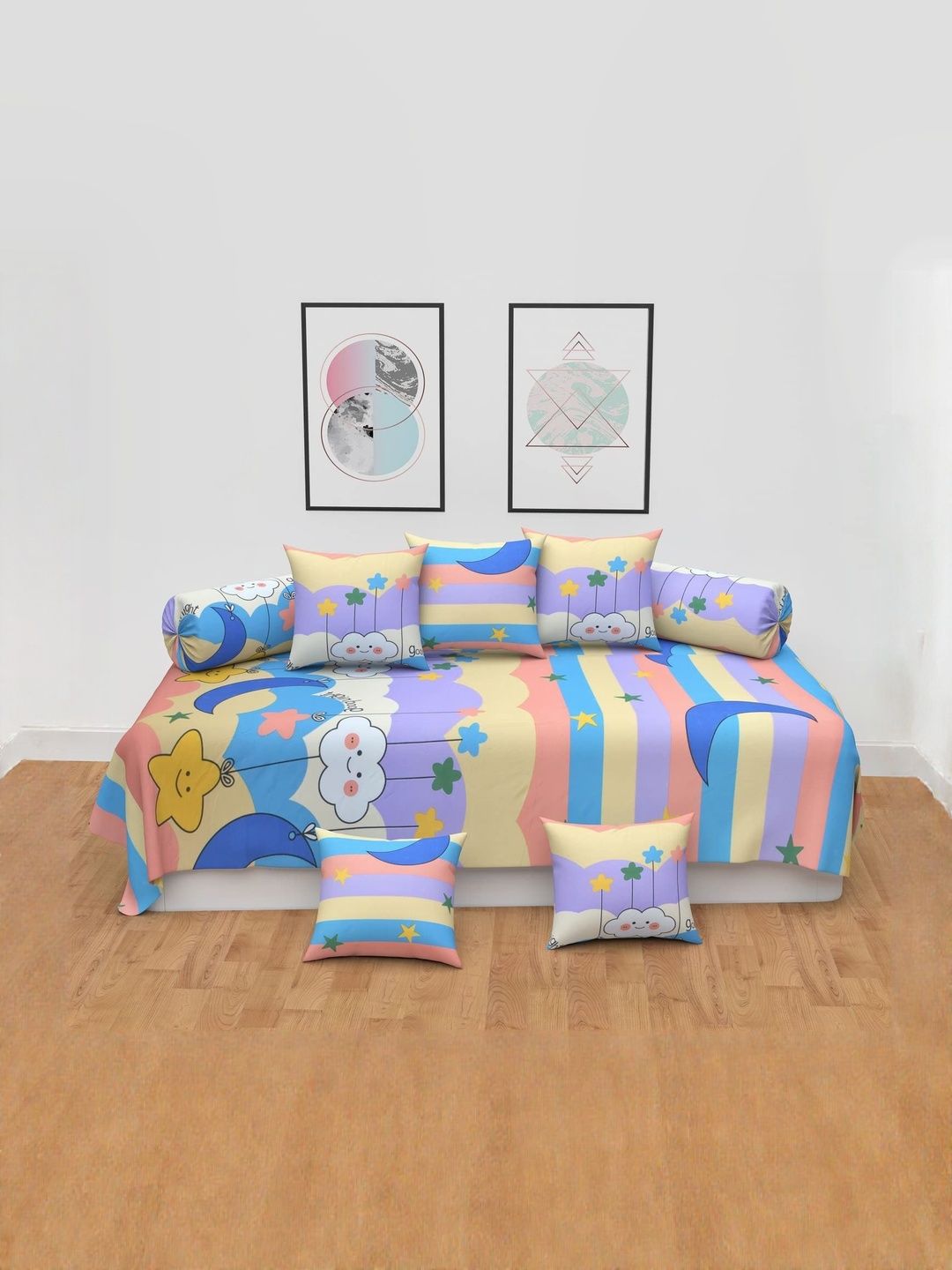 Filymore Kids Set Of 8 Beige & Purple Cartoon Characters Printed Diwan Set-image-43