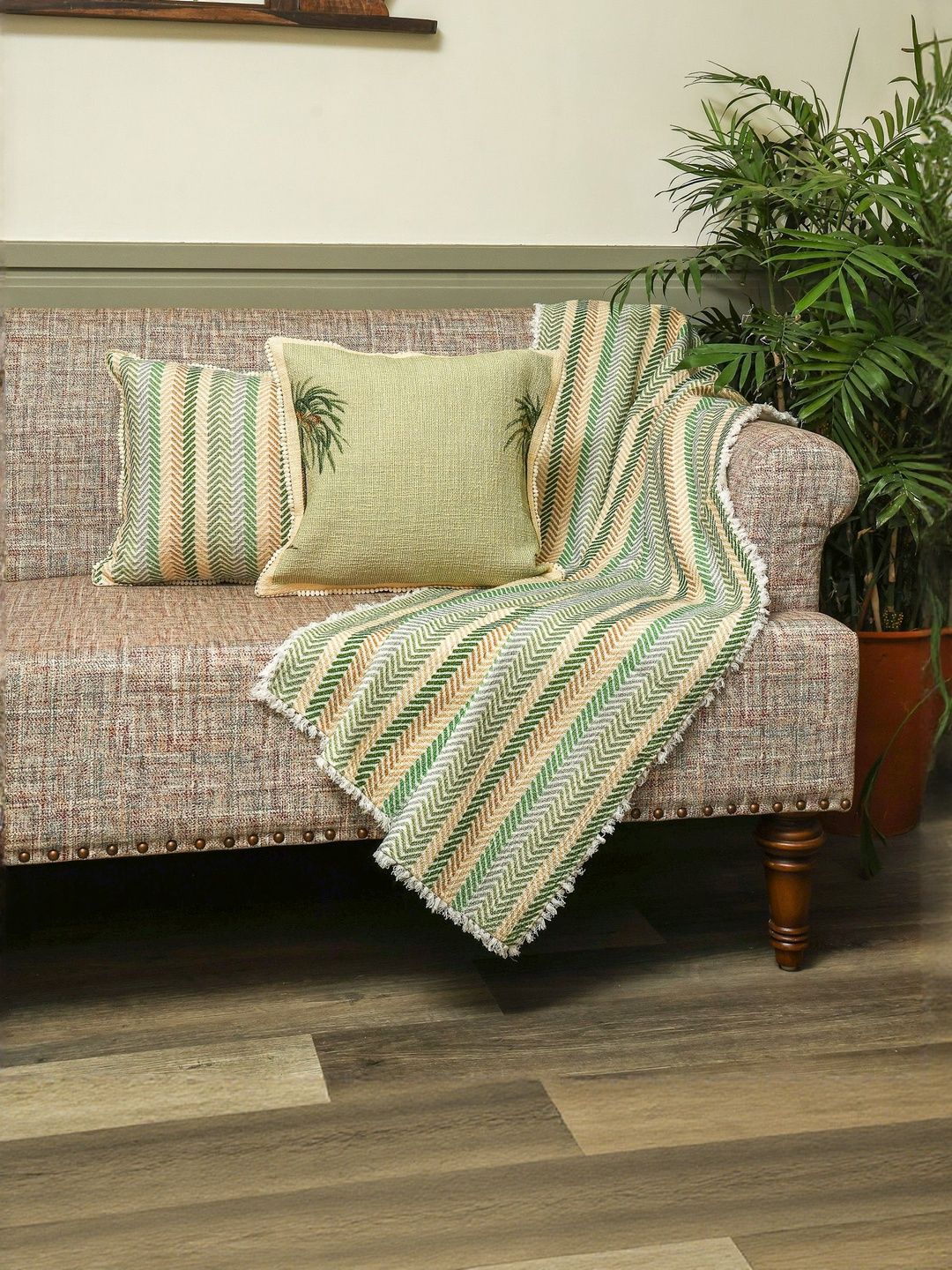 Sangria Palm Stories 3 Pieces Green Printed Cotton Square Cushion Covers & Throw - 16 in-image-21