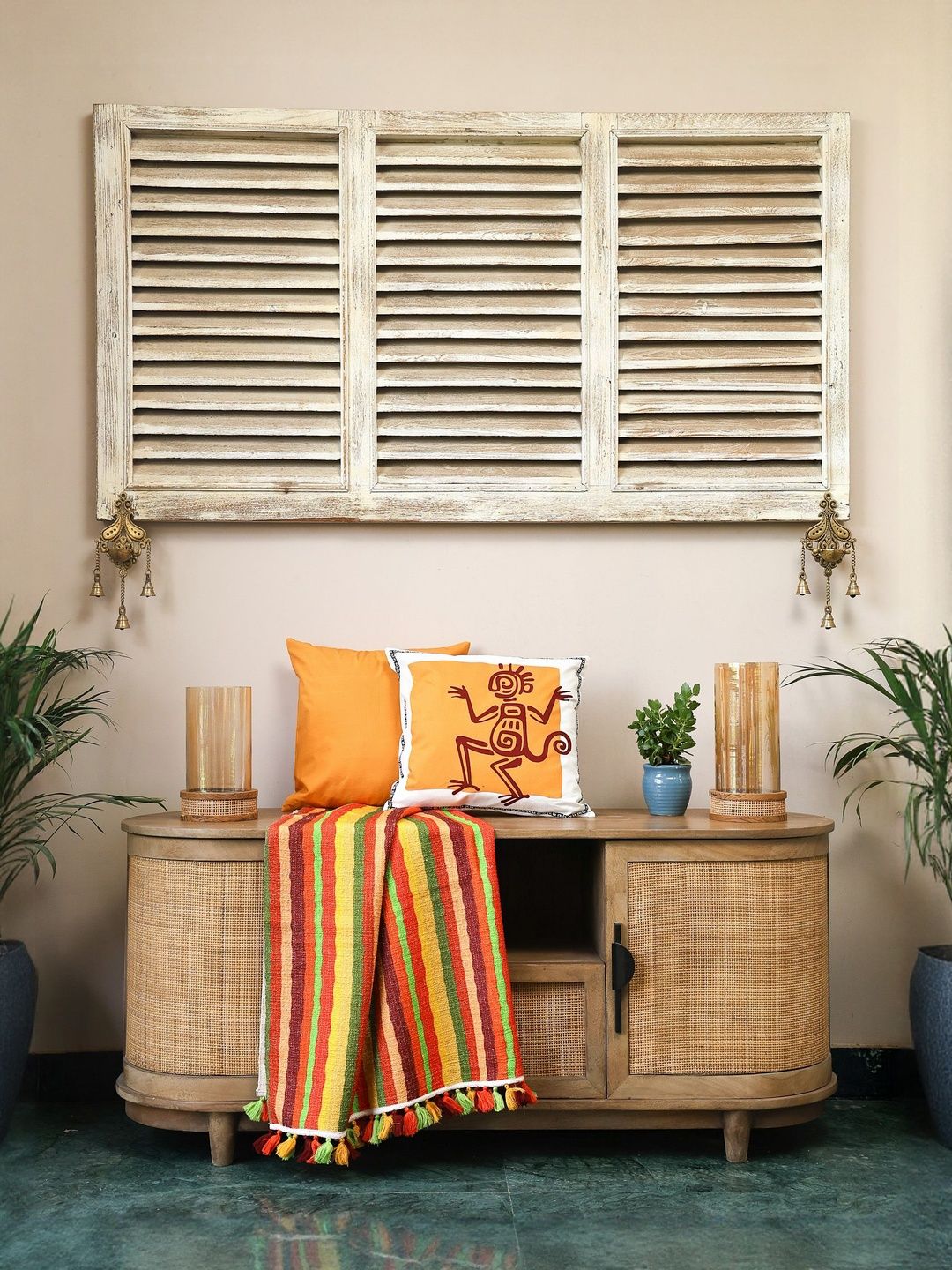 Sangria Yellow Aztec Echoes Cotton 3-Pcs Square Cushion Covers & Throw Set-16 In x 16 In-image-4