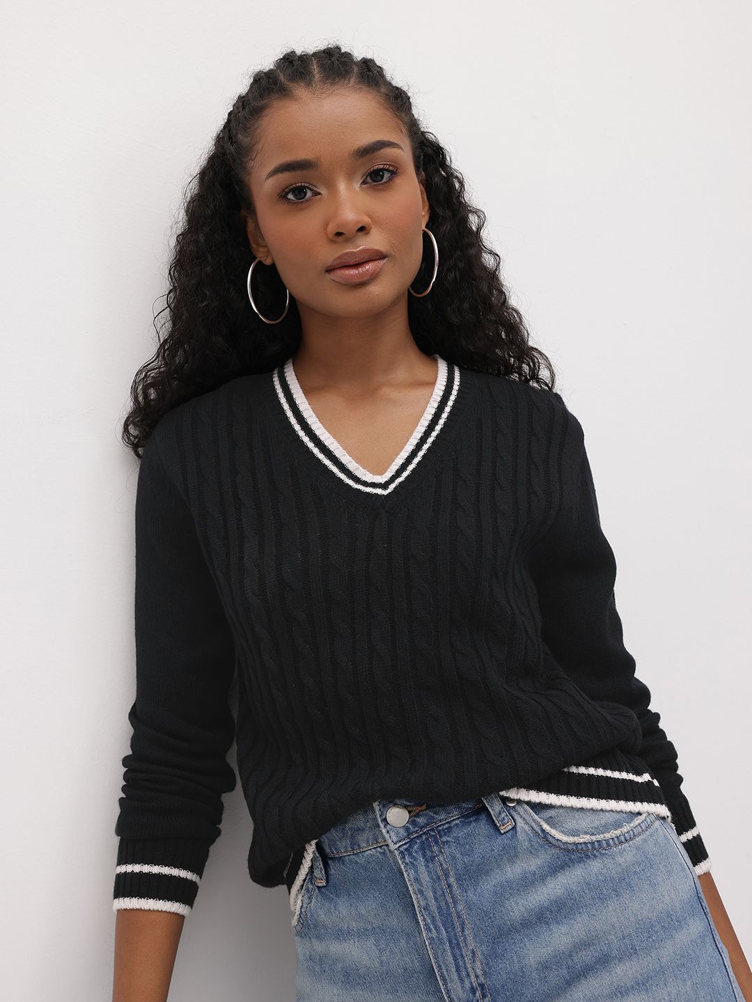 The Roadster Life Co. Contrast Striped Pure Acrylic Cable Knit Pullover-picture-19