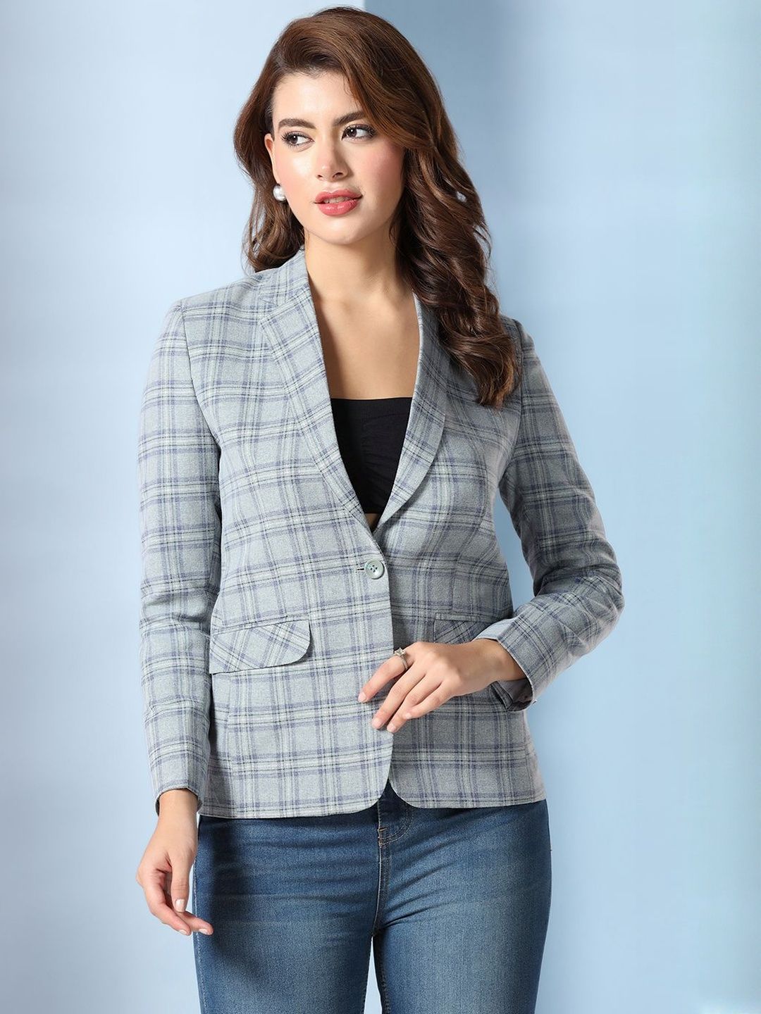 TAHVO Checked Notched Lapel Single-Breasted Woolen Blazer-picture-34