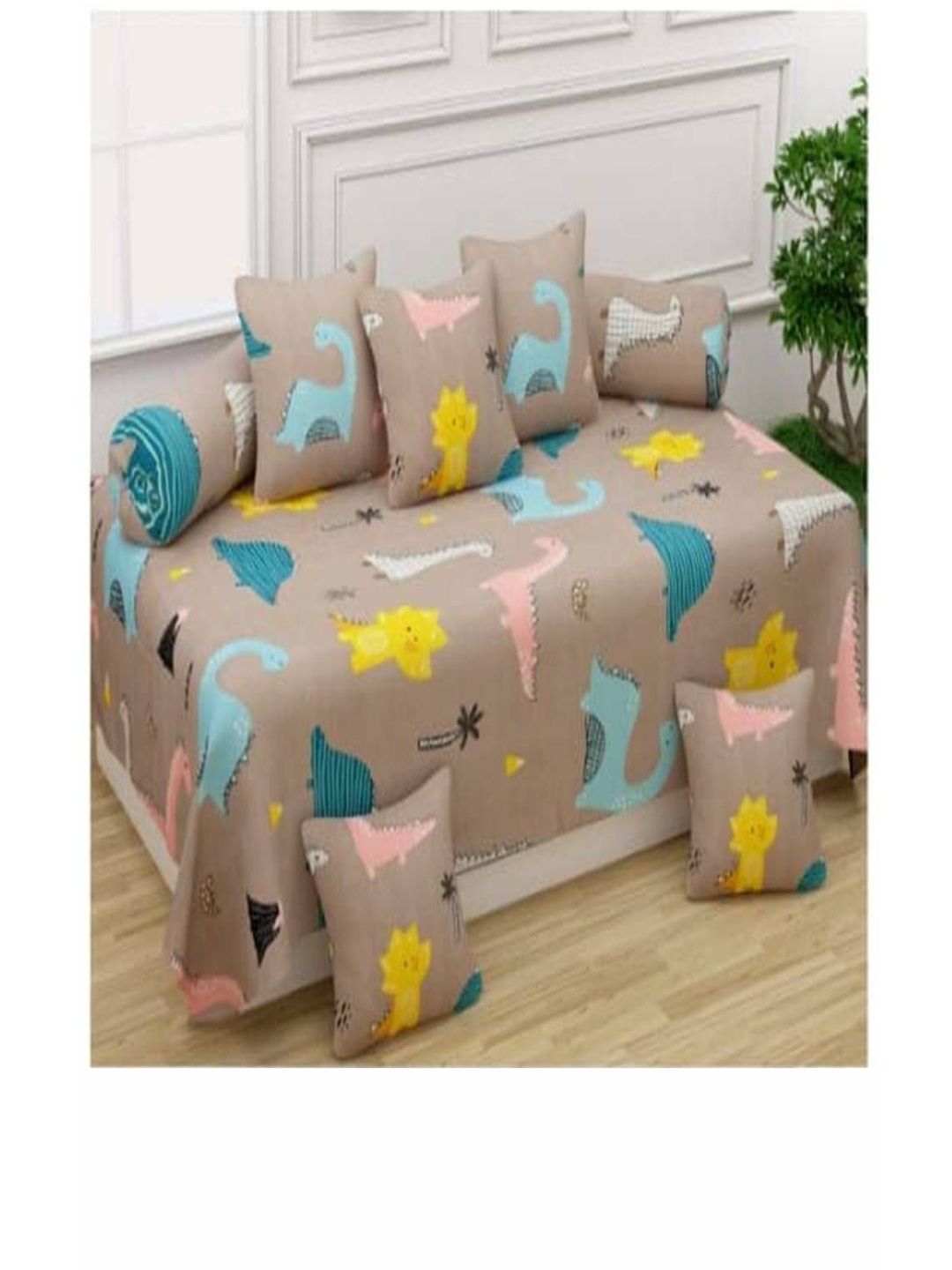 Filymore Set Of 8 Brown & Yellow Cartoon Characters Printed Diwan Set-image-30