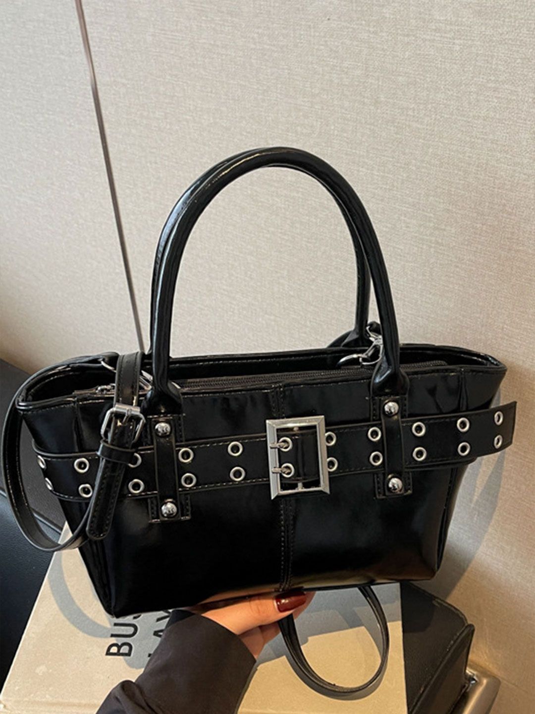 LULU & SKY Women Solid Structured Buckle Detail Handheld Bag-picture-19