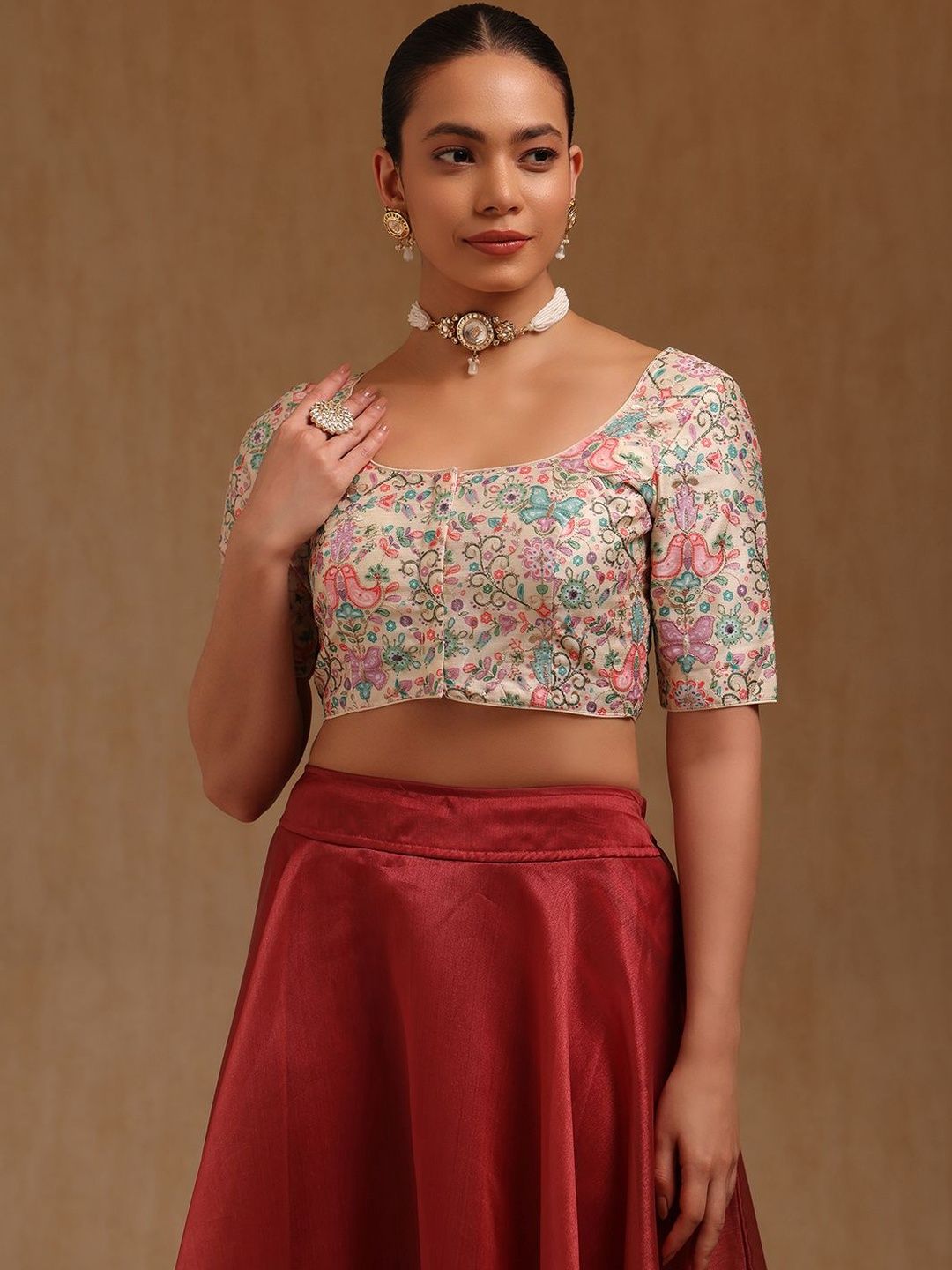 Soch Printed Round Neck Padded Saree Blouse-image-34