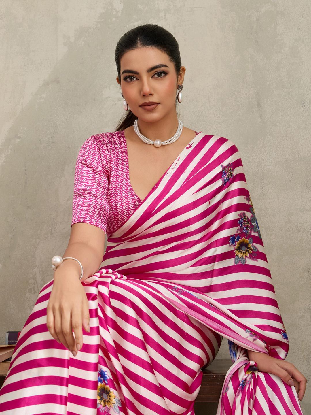 Anouk Rustic Striped Satin Leheriya Saree With Blouse Piece-picture-36