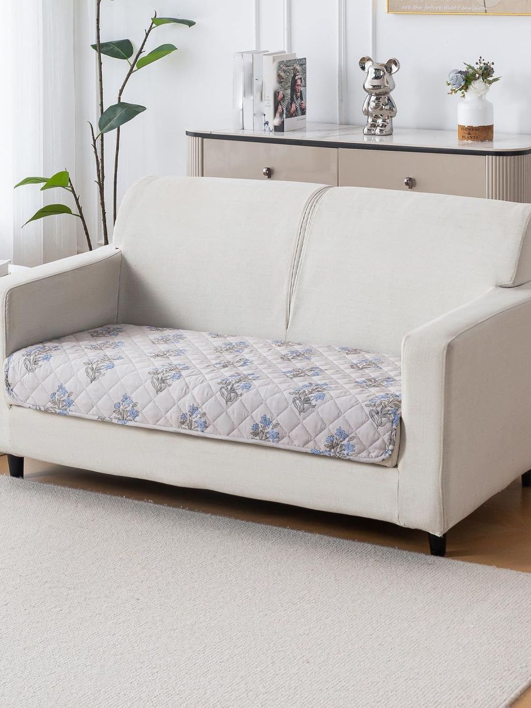HOUSE OF QUIRK Beige & Blue Printed Cotton Sofa Mat- 80x120 CM-image-9