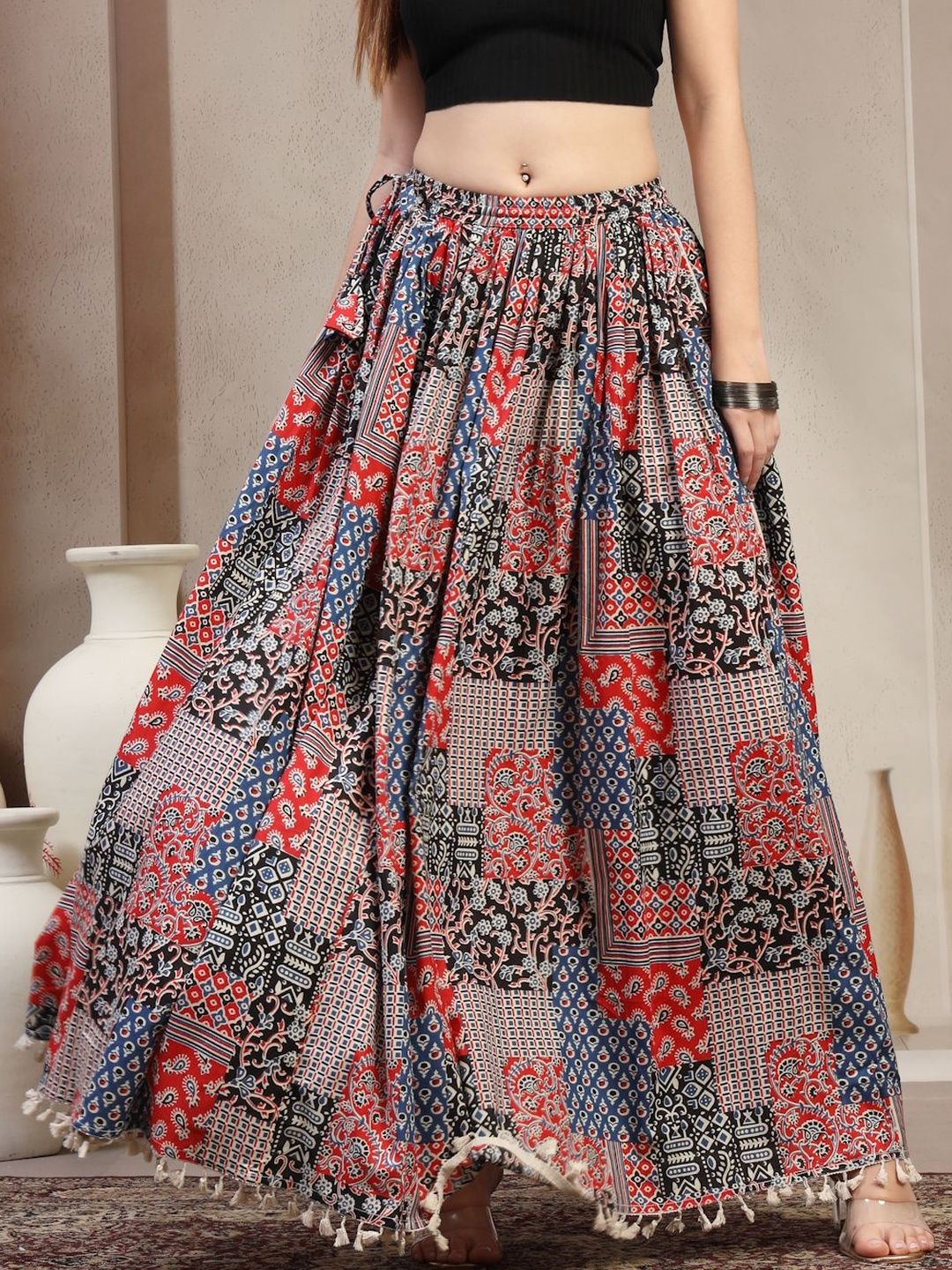 SUNEKH Printed Pure Cotton Flared Maxi Skirt-picture-30