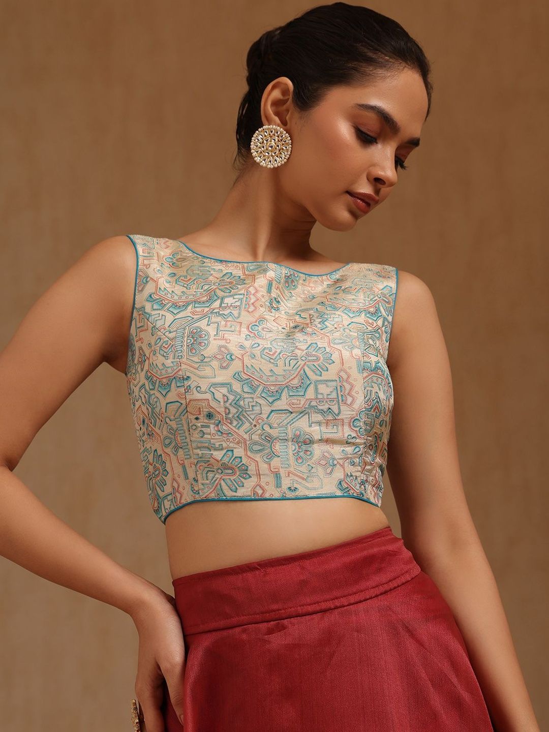 Soch Printed Round Neck Padded Saree Blouse-picture-11