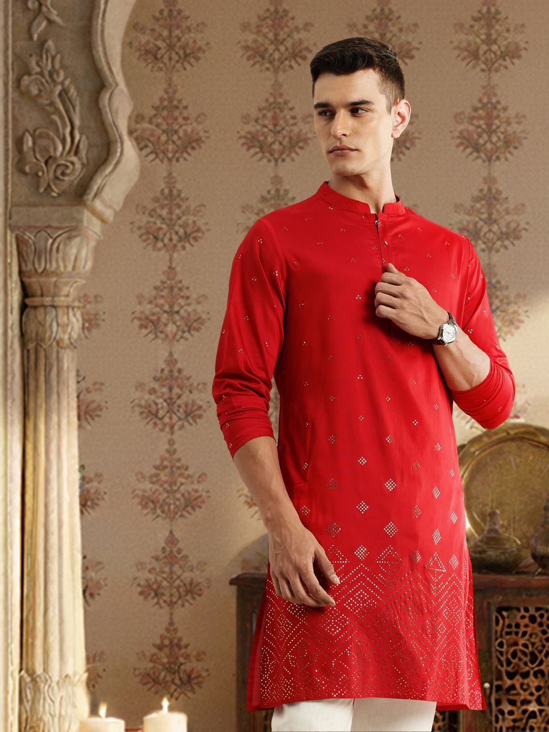 House of Pataudi Geometric Embellished Mandarin Collar Straight Jashn Kurta-image-33