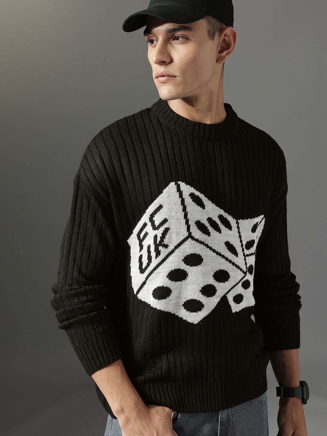 FCUK Geometric Self Designed Pure Acrylic Pullover-image-3