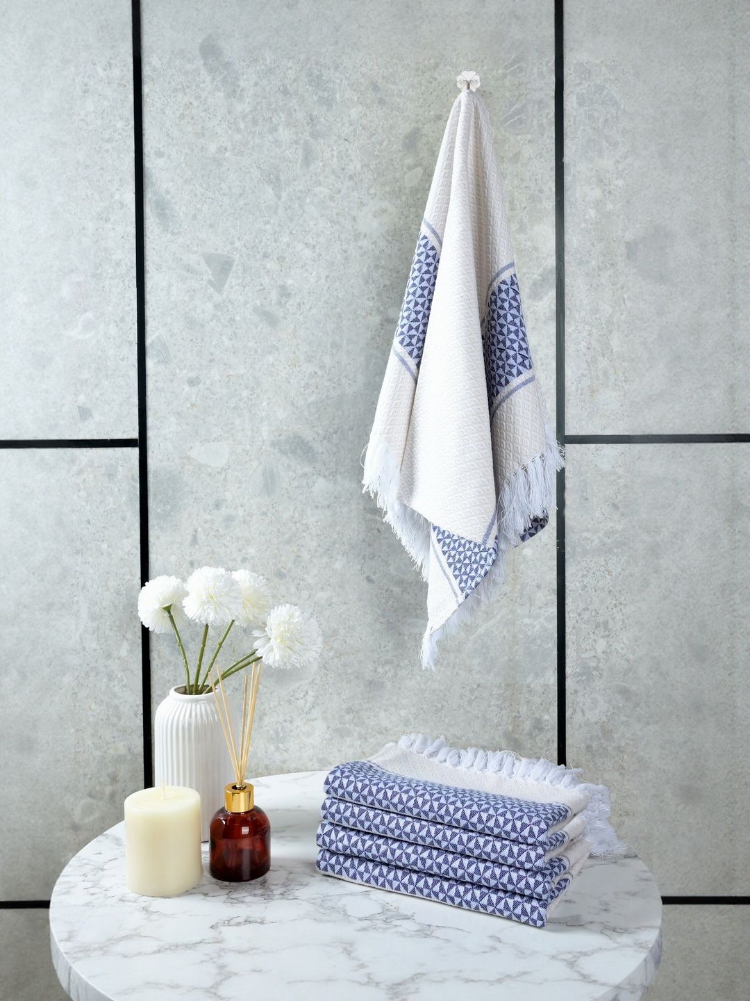 Saral Home White Printed Cotton 400 GSM 4Pcs Quick Dry Soft Hand Towel Set- 27.5" x 17.7"-image-41