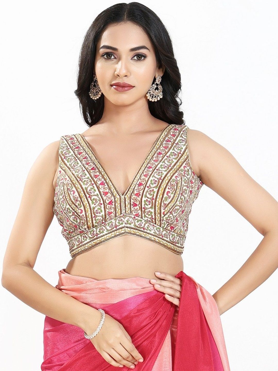 VAMAS - THE DESIGNER BLOUSES V-Neck Padded Saree Blouse-picture-19